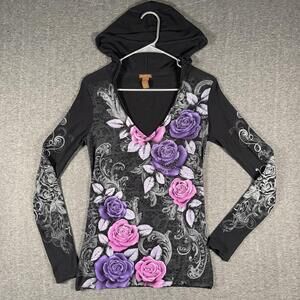 Copper Key Womens Large Y2K Floral Rose Rhinestone Hooded Tunic Top Black